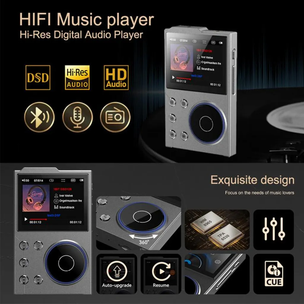 Silberner HIFI-Musikplayer mit Bildschirm, der ein Lied anzeigt. Symbole für DSD, Hi-Res, HD Audio.