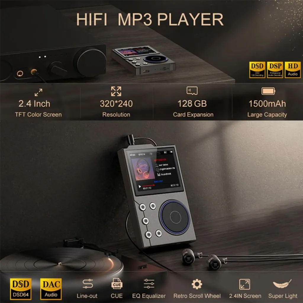 Grauer HIFI MP3-Player mit Kopfhörern, Plattenspieler und Audiogerät.