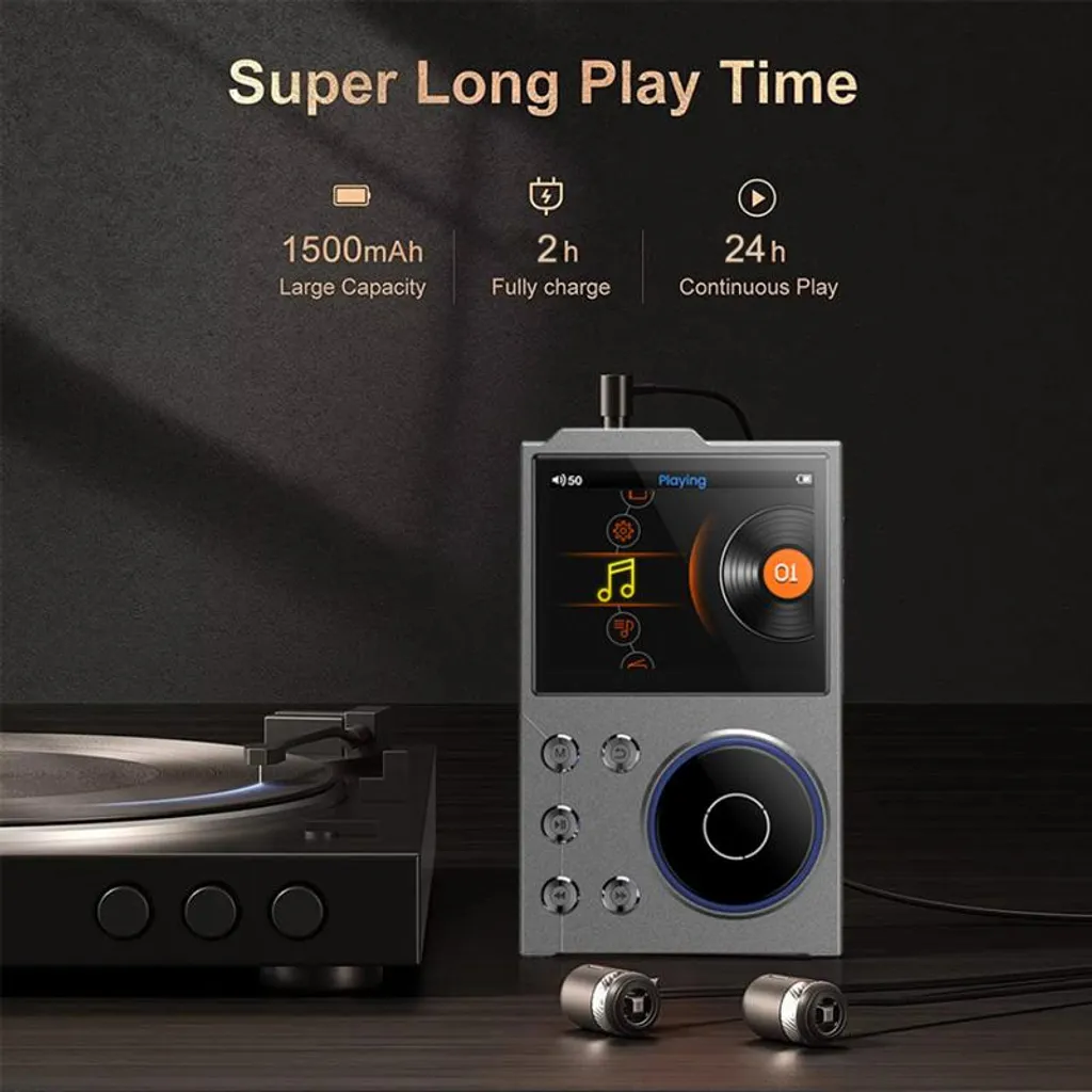 Ein grauer MP3-Player mit Kopfhörern und einem Plattenspieler daneben. Text hebt lange Akkulaufzeit hervor.