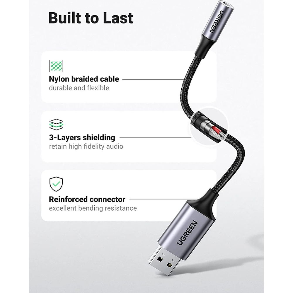 Czarny kabel z logo UGREEN, wzmocniony i ekranowany.