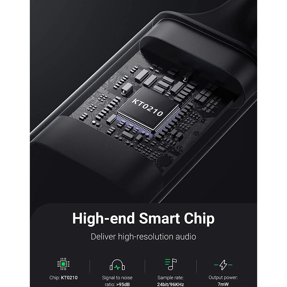 Zbliżenie chipa KT0210 na płytce drukowanej z tekstem o audio.