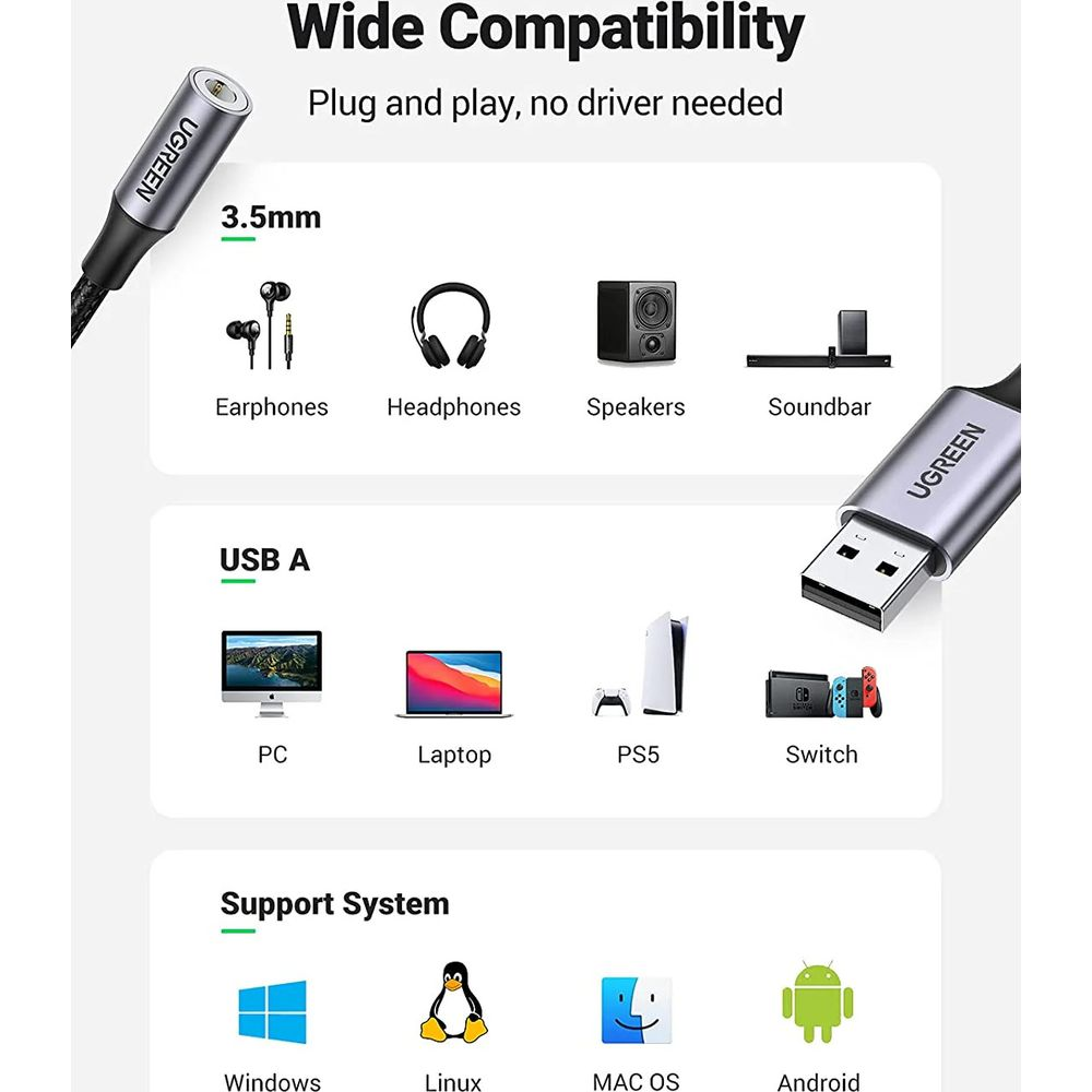 Szeroka kompatybilność z portami 3,5 mm i USB A dla urządzeń.