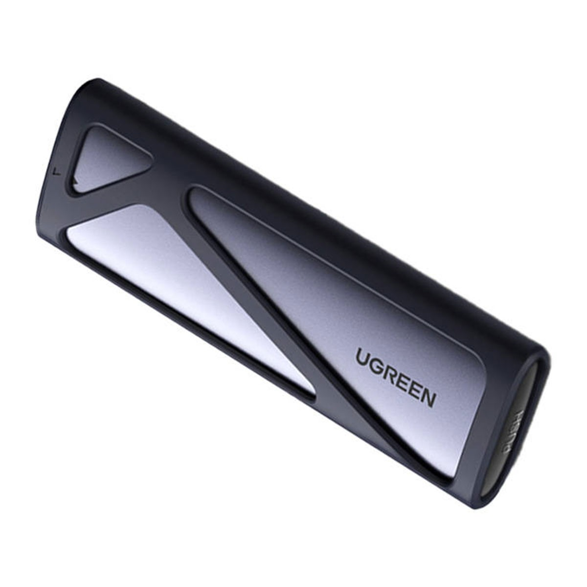Ciemna obudowa dysku twardego UGREEN z srebrnymi akcentami.