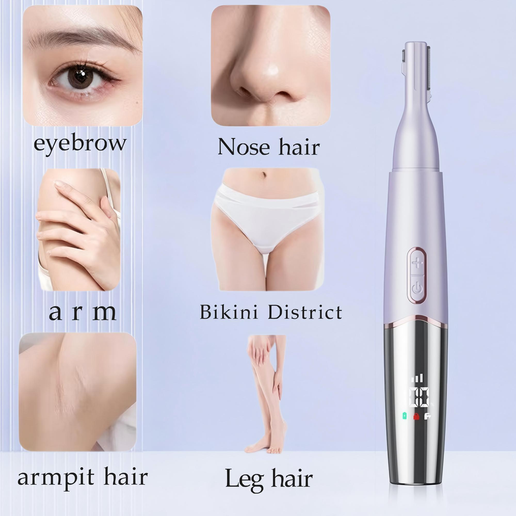 Ein Lila-Trimmer neben Bildern von Augenbrauen, Nase, Arm, Achselhaaren, Bikinizone und Beinen.
