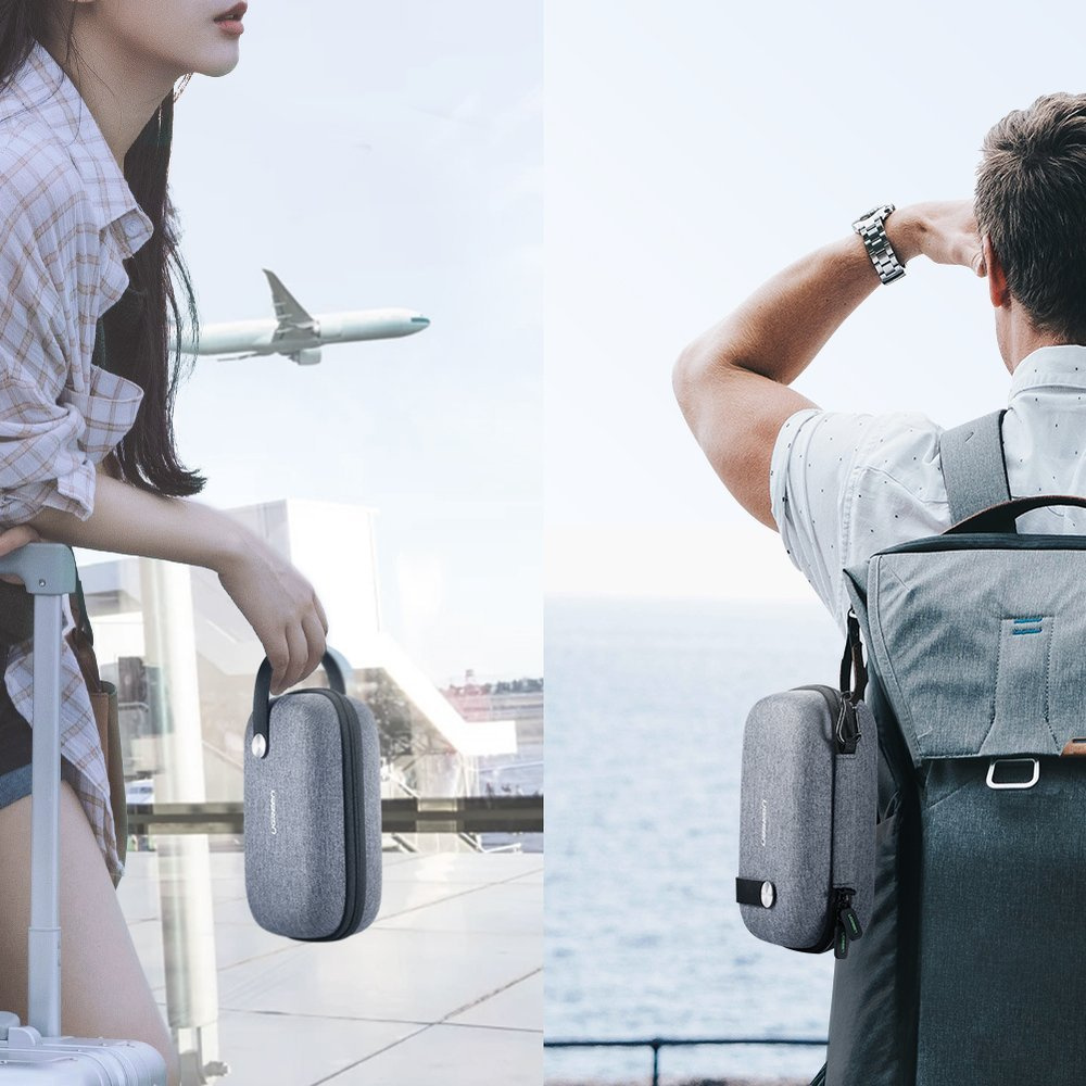 Podzielony obraz: Kobieta z bagażem trzyma szare etui. Samolot leci za oknem. Mężczyzna nosi plecak.