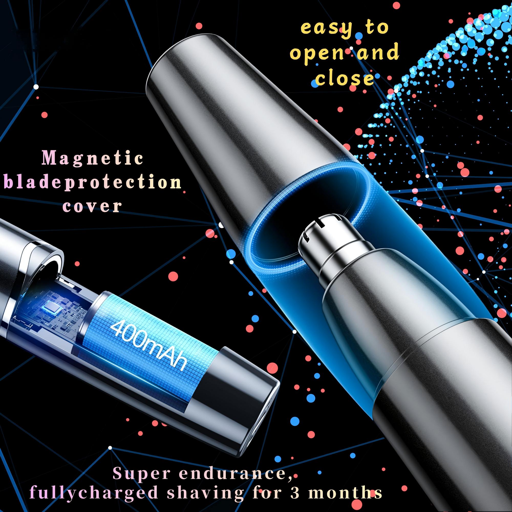 Ein silberner Nasentrimmer mit 400-mAh-Akku und magnetischer Klingenschutzabdeckung.