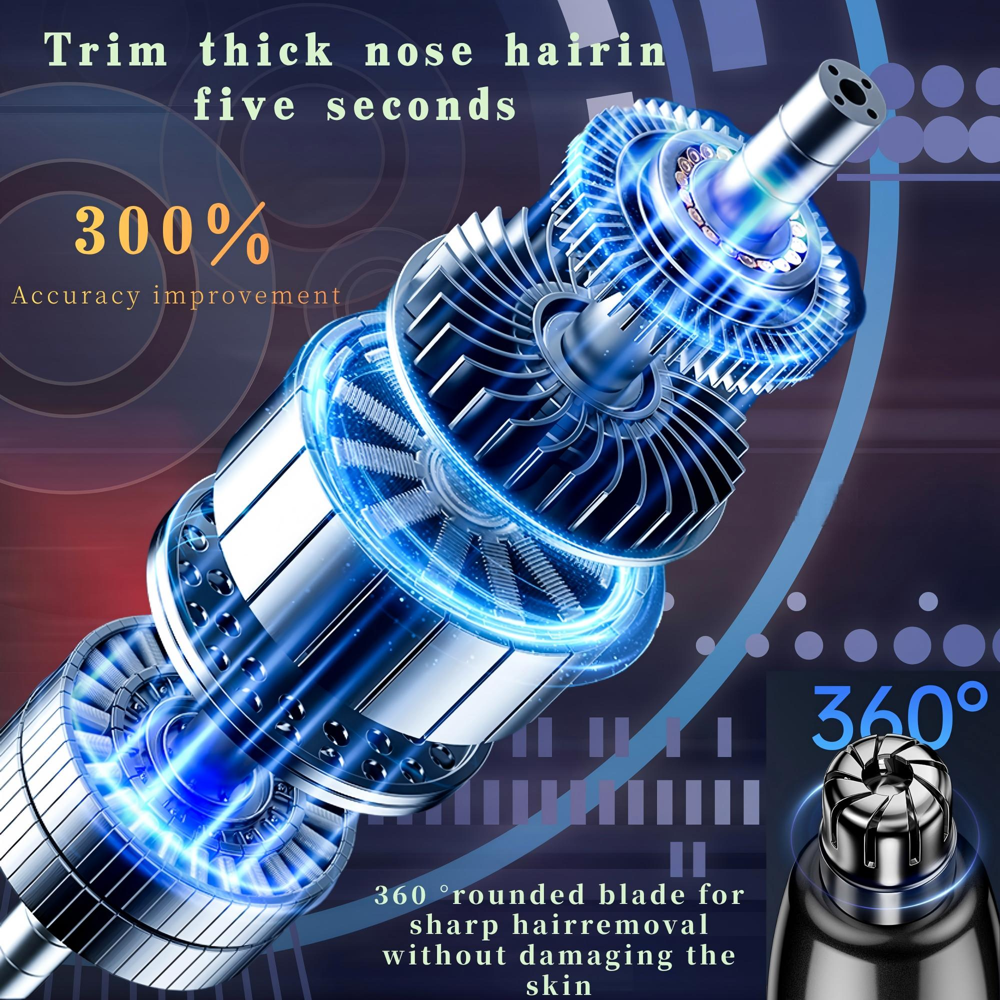 Nahaufnahme eines Nasenhaartrimmers mit blauem Leuchten. 300 % Genauigkeit.