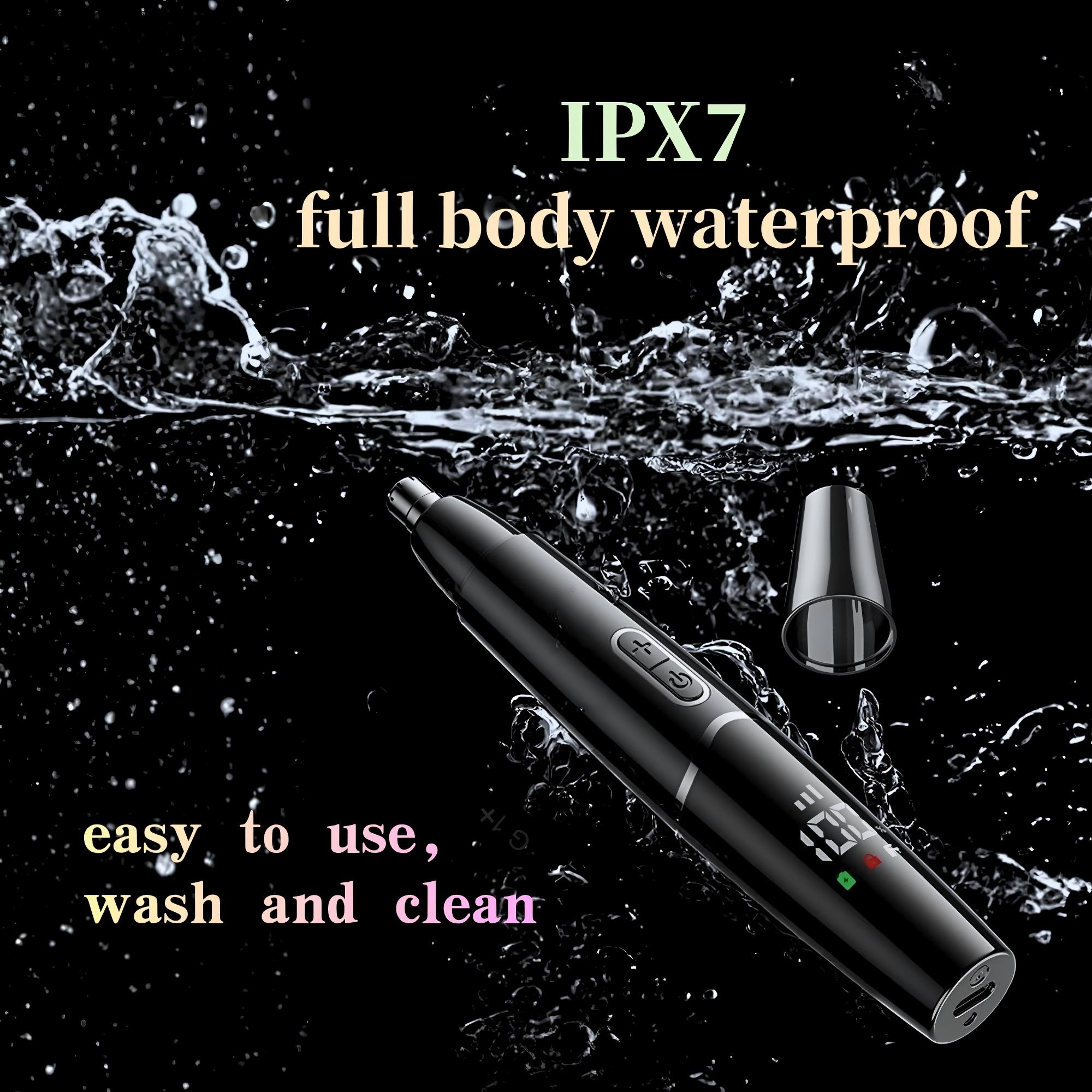 Schwarzes Nasenhaartrimmer mit IPX7 Wasserdichtigkeit, leicht zu reinigen.