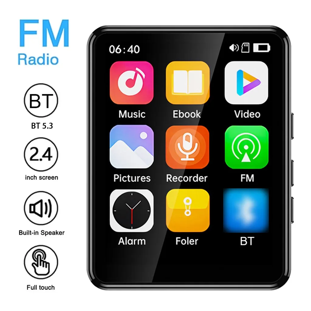Ein schwarzer MP3-Player mit FM-Radio, Musik-, E-Book-, Video-, Bild-, Aufnahme-, Alarm- und BT-Apps.
