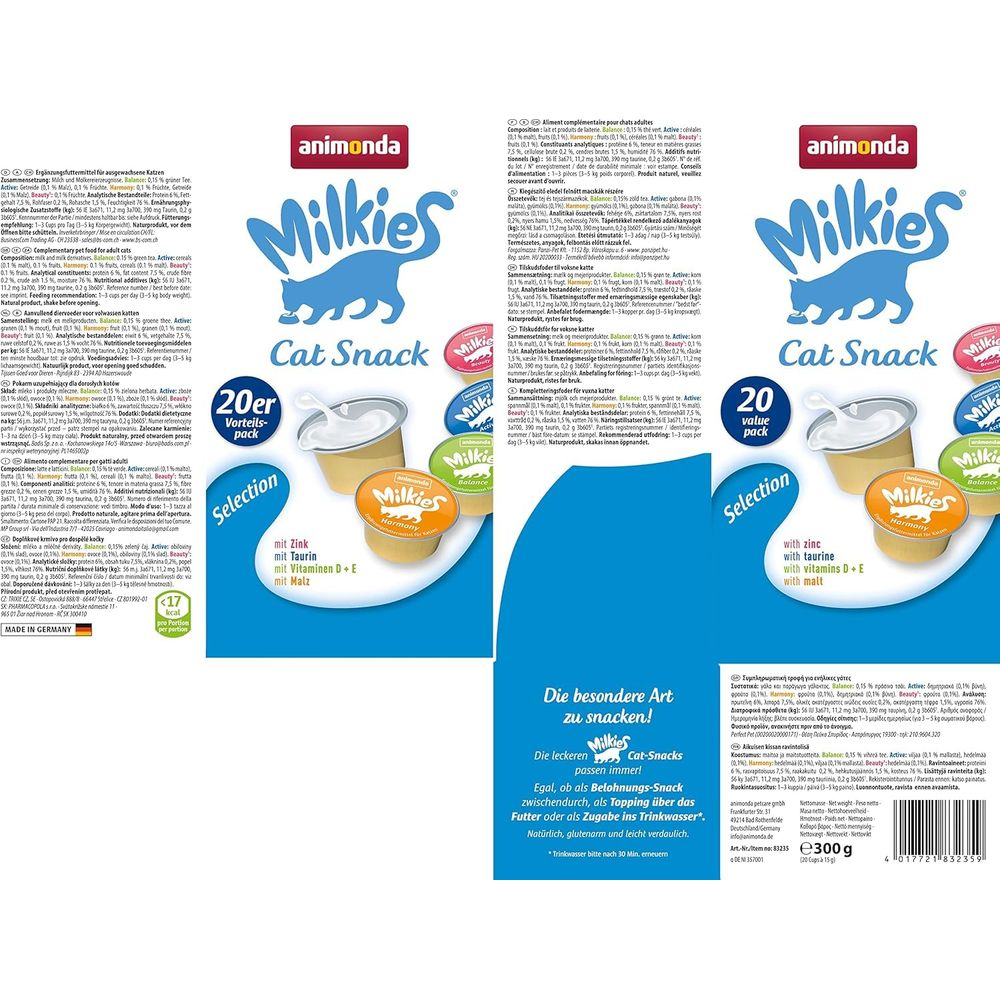 Animonda Milkies Katzen-Snack, 20er Packung mit 4 Sorten.