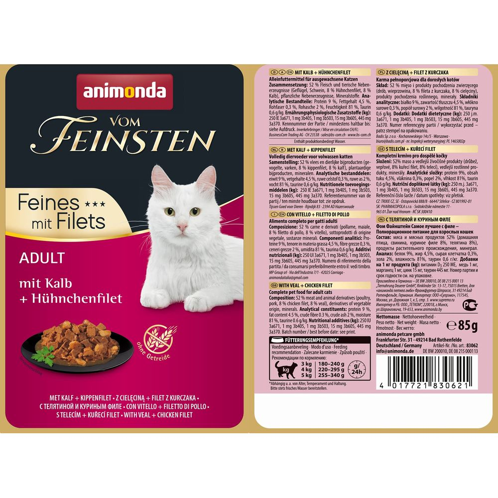 Animonda Feinsten Adult karma dla kota z cielęciną i filetem z kurczaka. Biały kot patrzy.