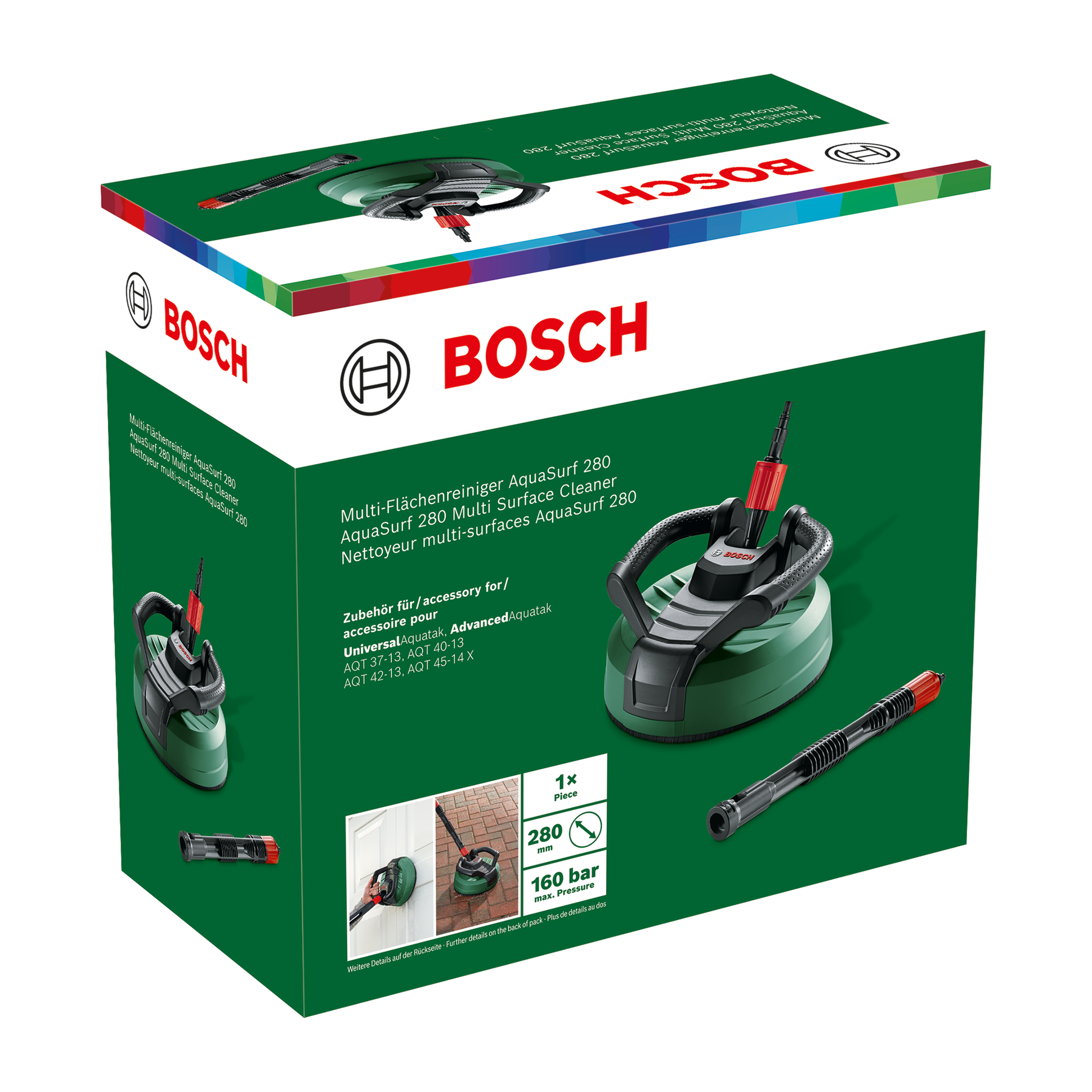 Pulitore Bosch AquaSurf 280 con accessori. Include unità principale, estensione e accessorio.