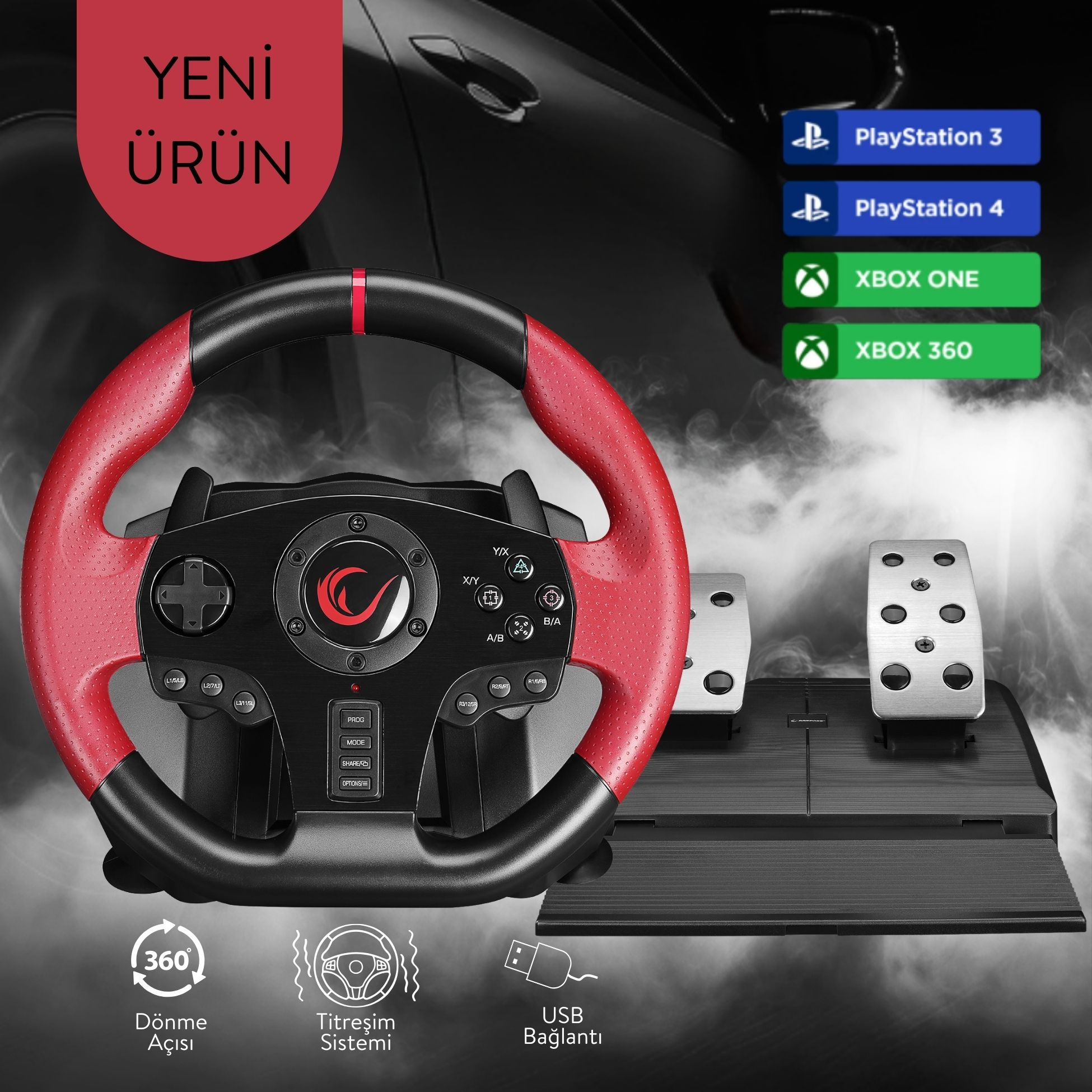 PlayStation, Xbox için pedallı kırmızı ve siyah oyun direksiyonu.