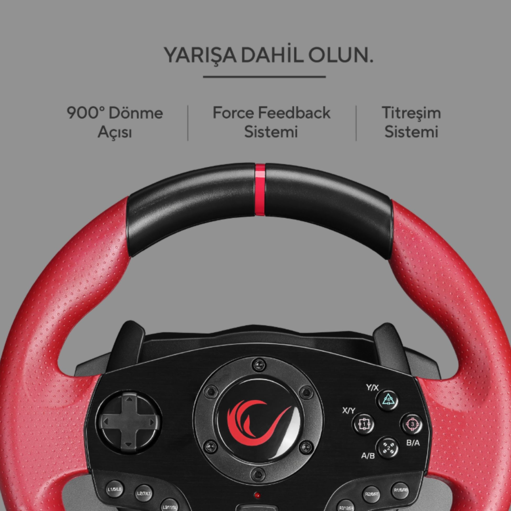 Düğmeli ve merkezi logolu kırmızı ve siyah oyun direksiyonu.