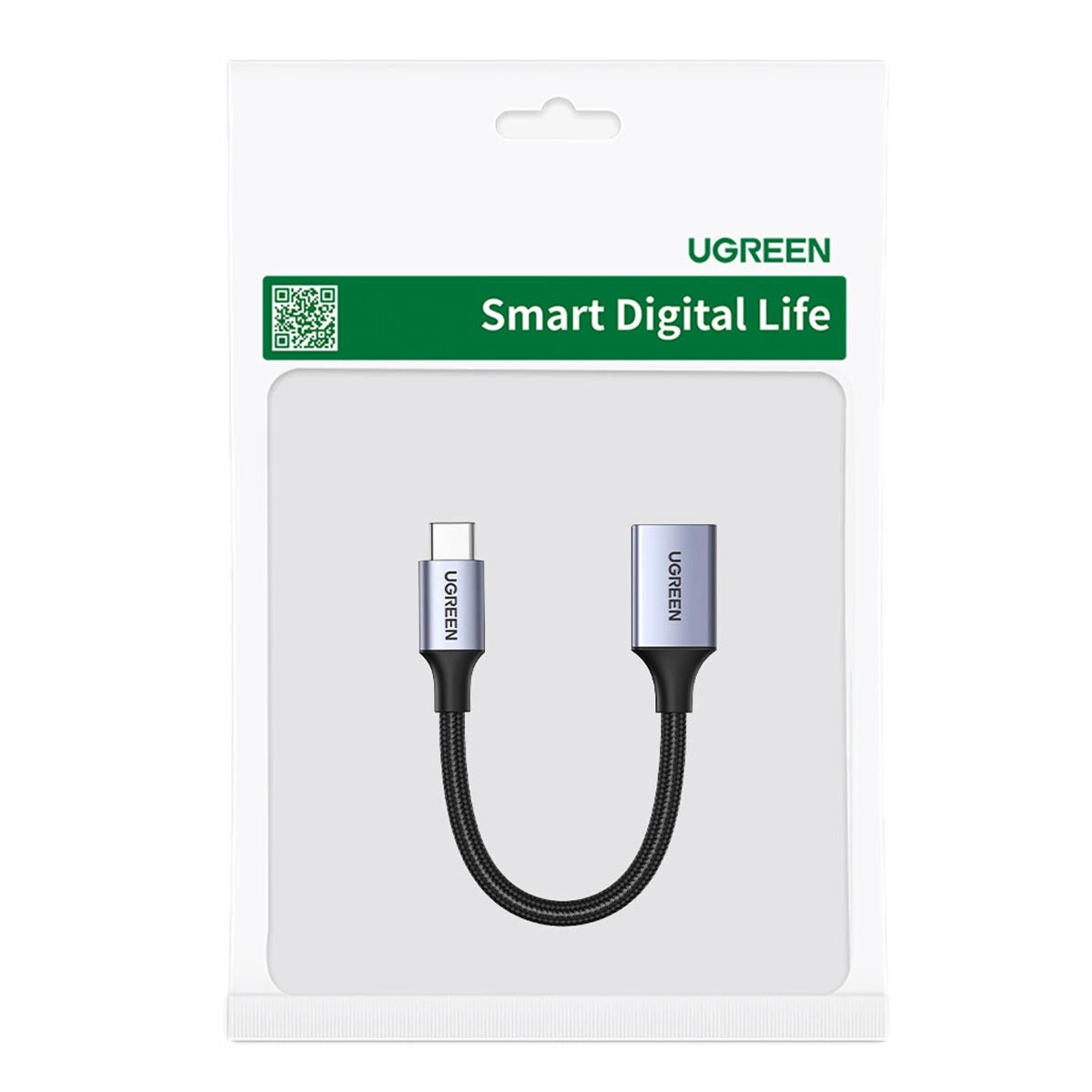 Adapter kablowy UGREEN ze złączami USB-C i USB-A, srebrny i czarny.