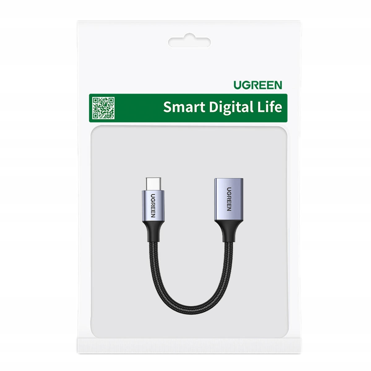 Adapter UGREEN USB C z dwoma złączami, srebrny i szary.