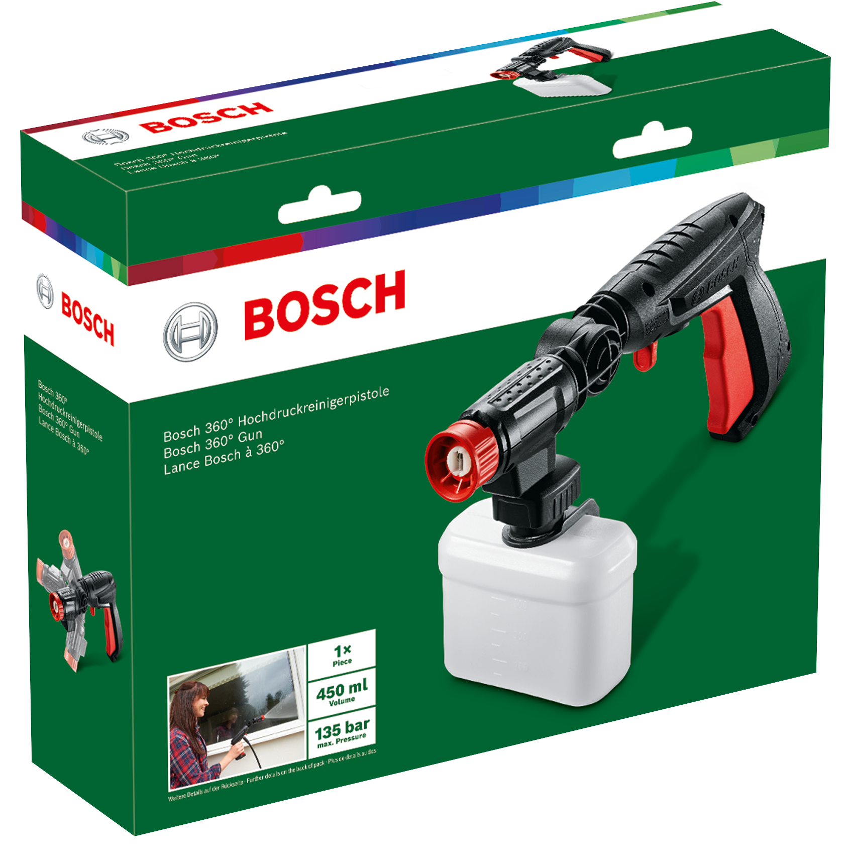 Pistola idropulitrice Bosch con serbatoio, nera e rossa. Immagine donna alla finestra.