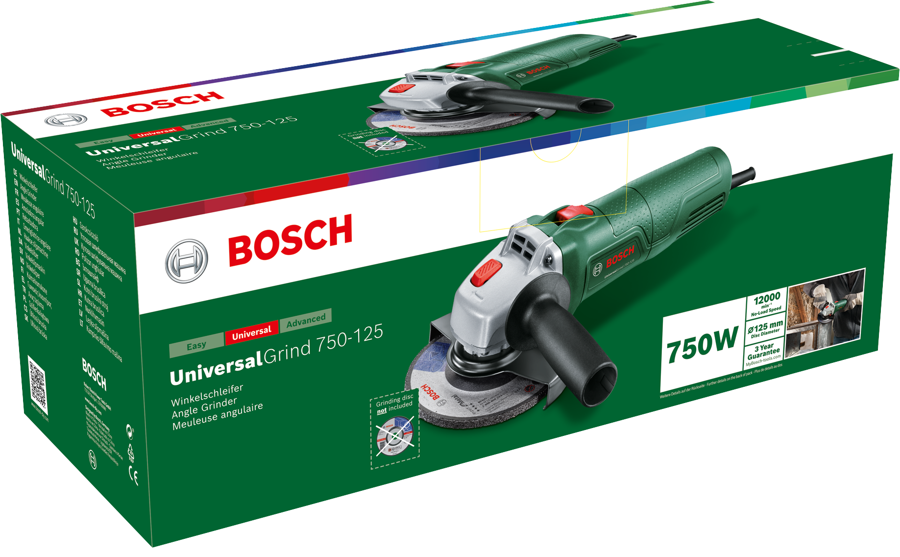 Grüne Bosch Winkelschleifer-Verpackung mit Werkzeug und Produktinformationen.