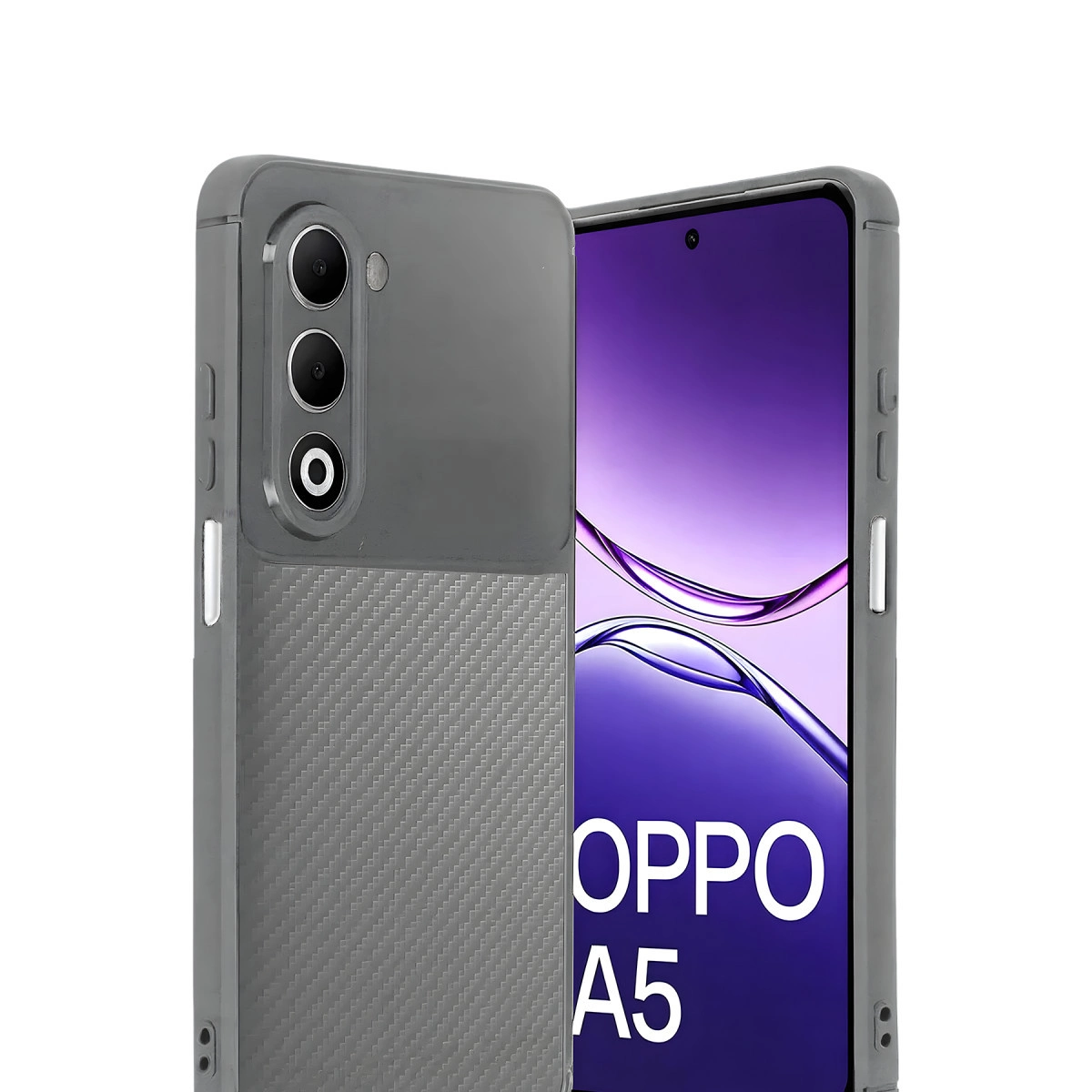 Arkada karbon fiber desenli gri telefon kılıfı, OPPO A5 akıllı telefonu gösteriyor.