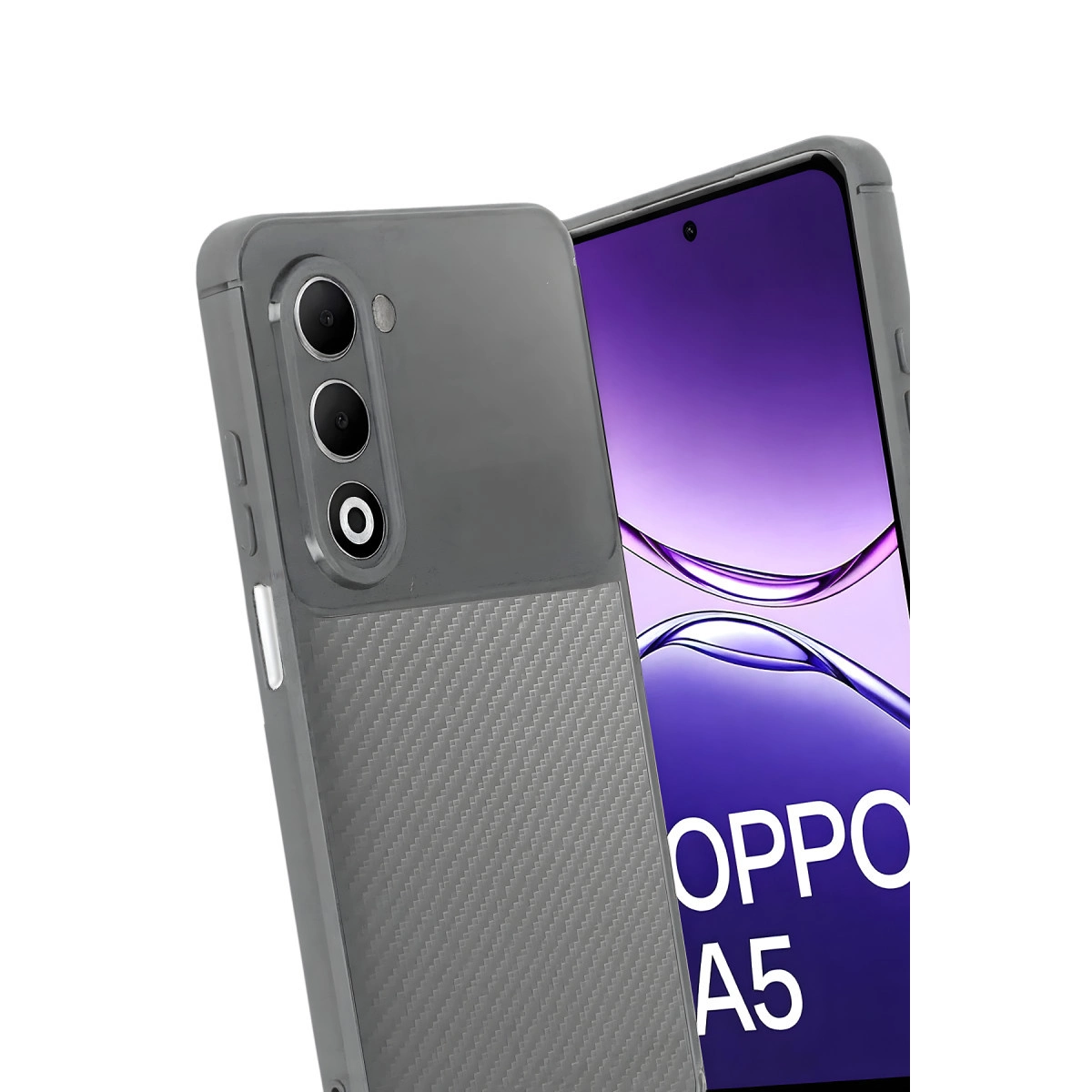 Karbon desenli arkaya ve mor OPPO A5 ekrana sahip gri telefon.