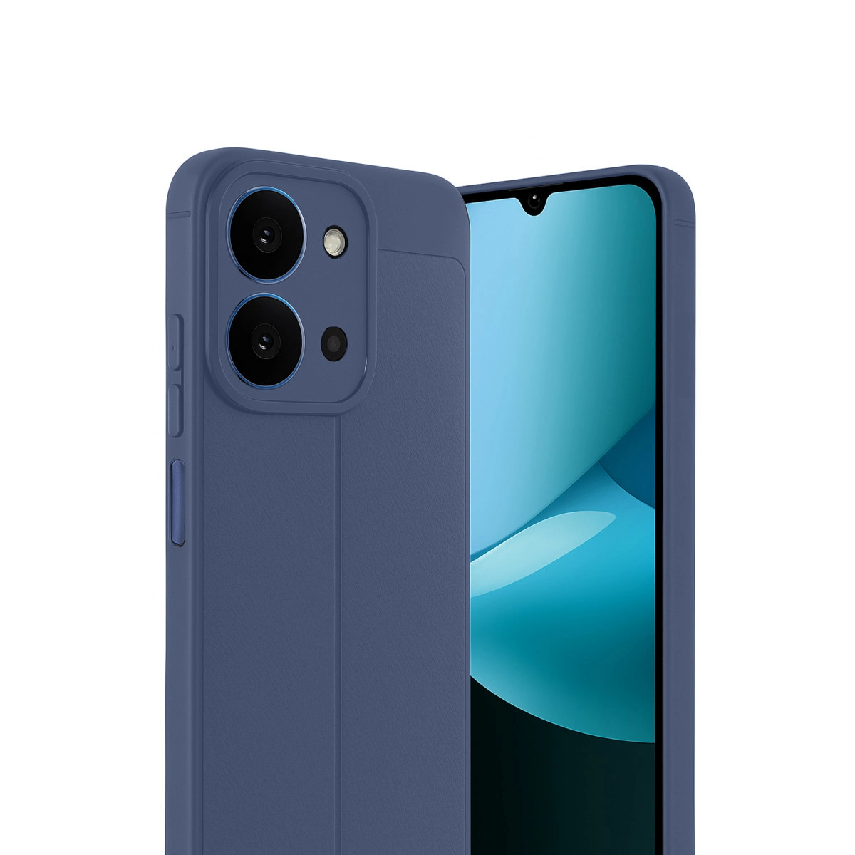 İki kameralı, parlak ekranlı mavi telefon kılıfı.
