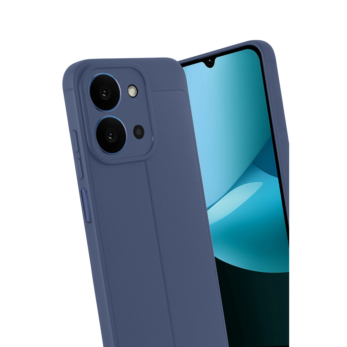 Koyu mavi telefon, çift kameralı, beyaz flaşı ve ekran koruyuculu.