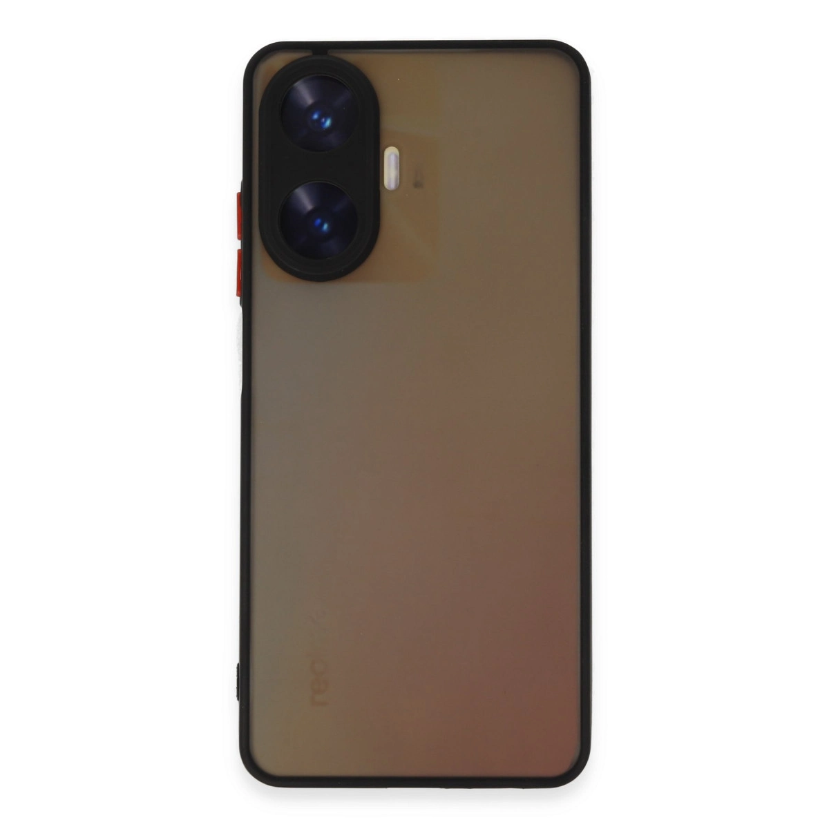 Çift kameralı ve ten rengi kasalı bir akıllı telefonun arkası. Beyaz arka plan.