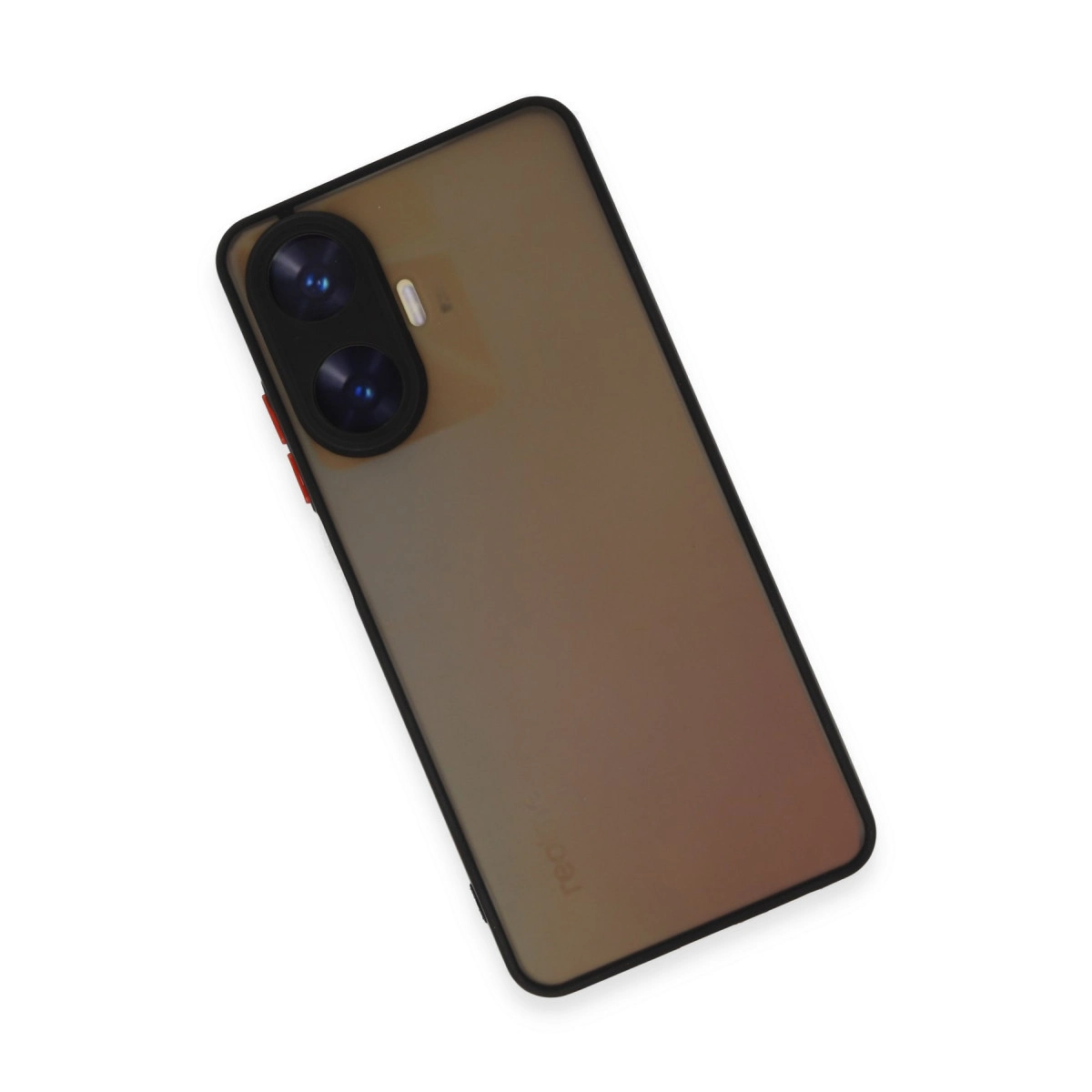 İki kamerası ve kırmızı vurgusu olan bronz renkli akıllı telefonun arkası.