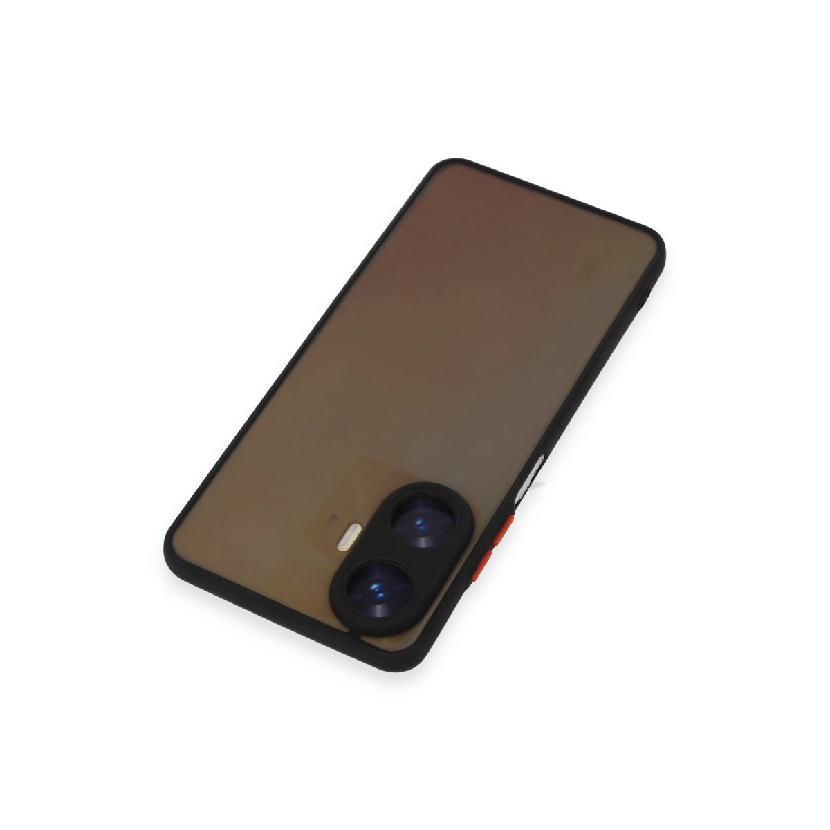 Siyah kenarlı ve çift kameralı şeffaf telefon kılıfı.