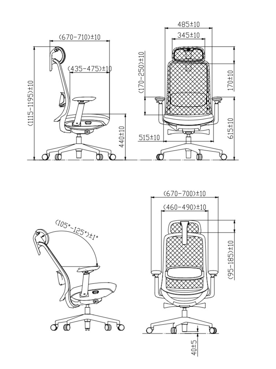 Rysunek techniczny krzesła biurowego z wymiarami w różnych widokach.