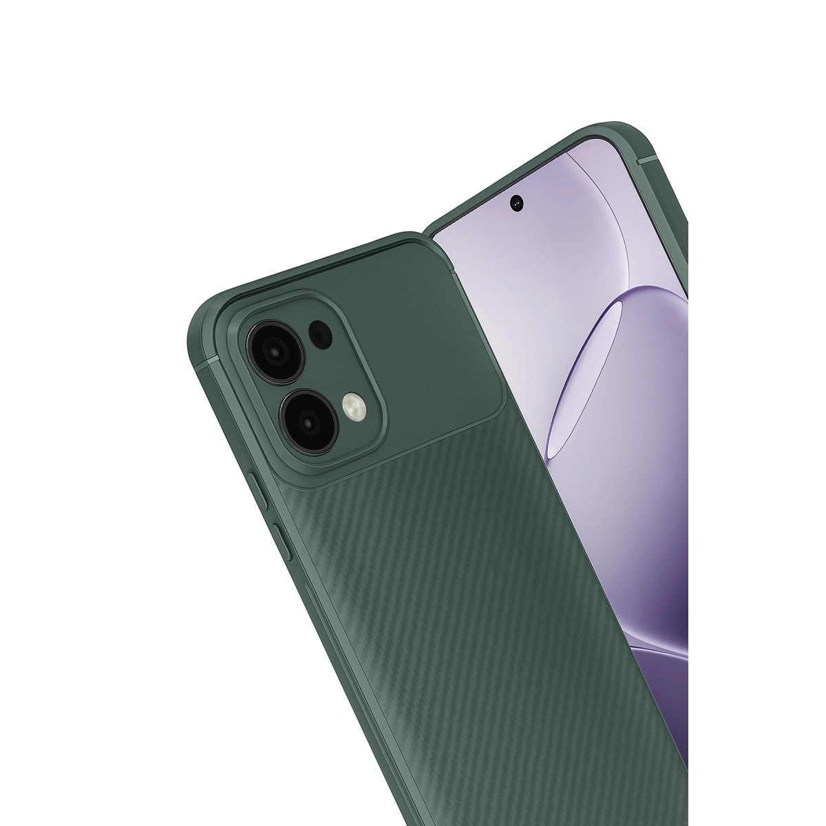 Mor ekranlı akıllı telefonda karbon desenli koyu yeşil telefon kılıfı.