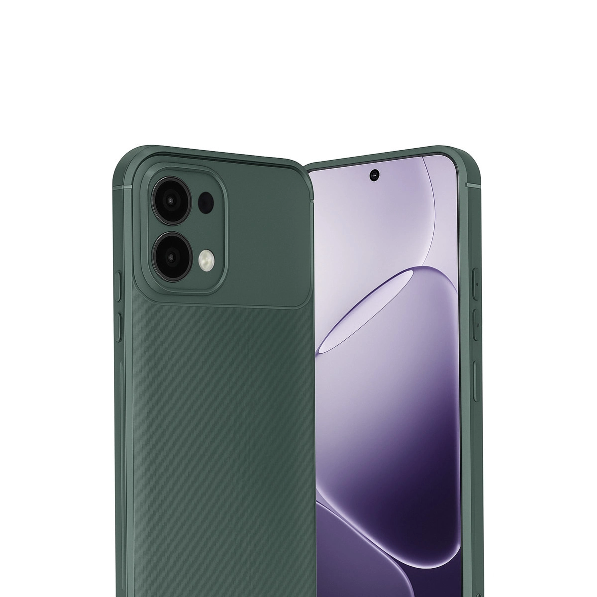 Karbon fiber desenli ve çift kameralı koyu yeşil telefon kılıfı.