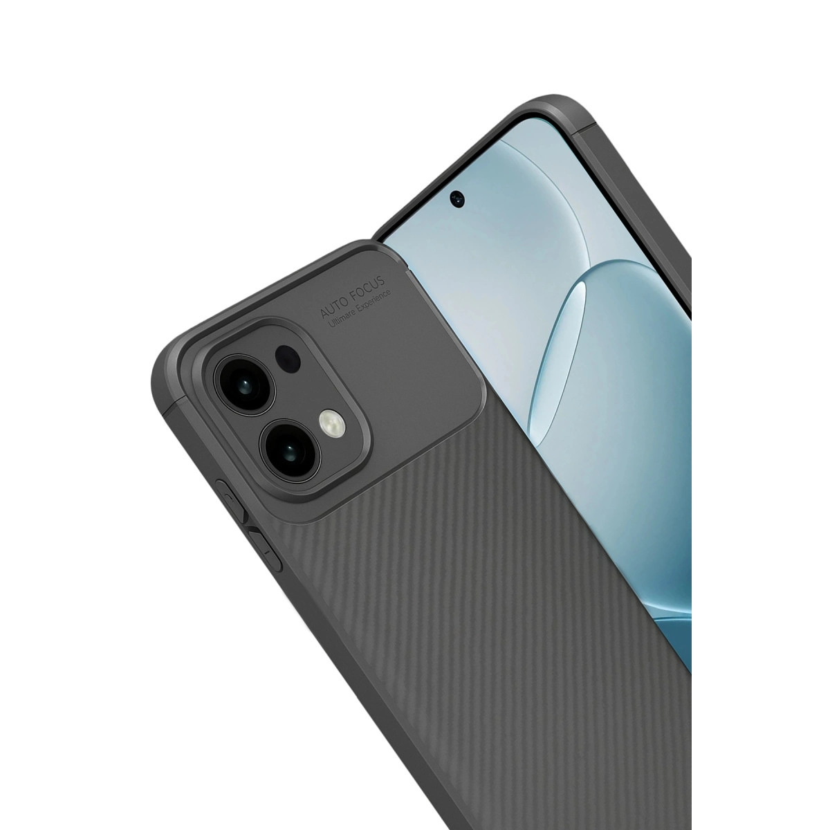 Koyu gri karbon fiber telefon kılıfı, çift kamera lensli, beyaz arka plan üzerinde.
