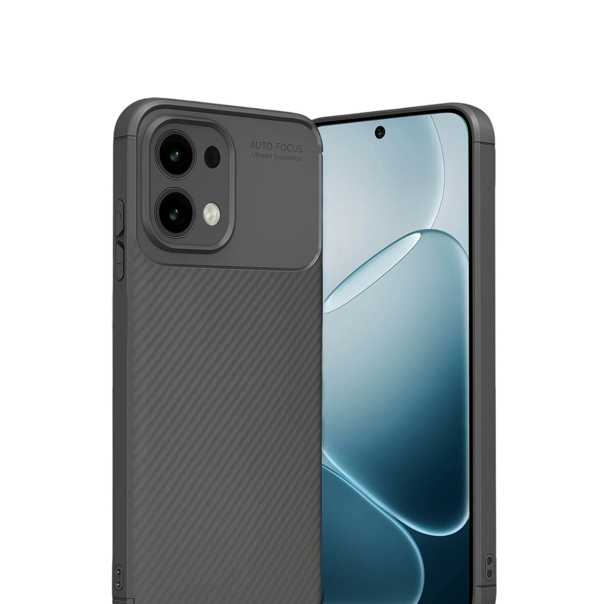 Yandan gösterilen gri telefon kılıfı, kamera çıkıntısı ve ekrana odaklanıyor.