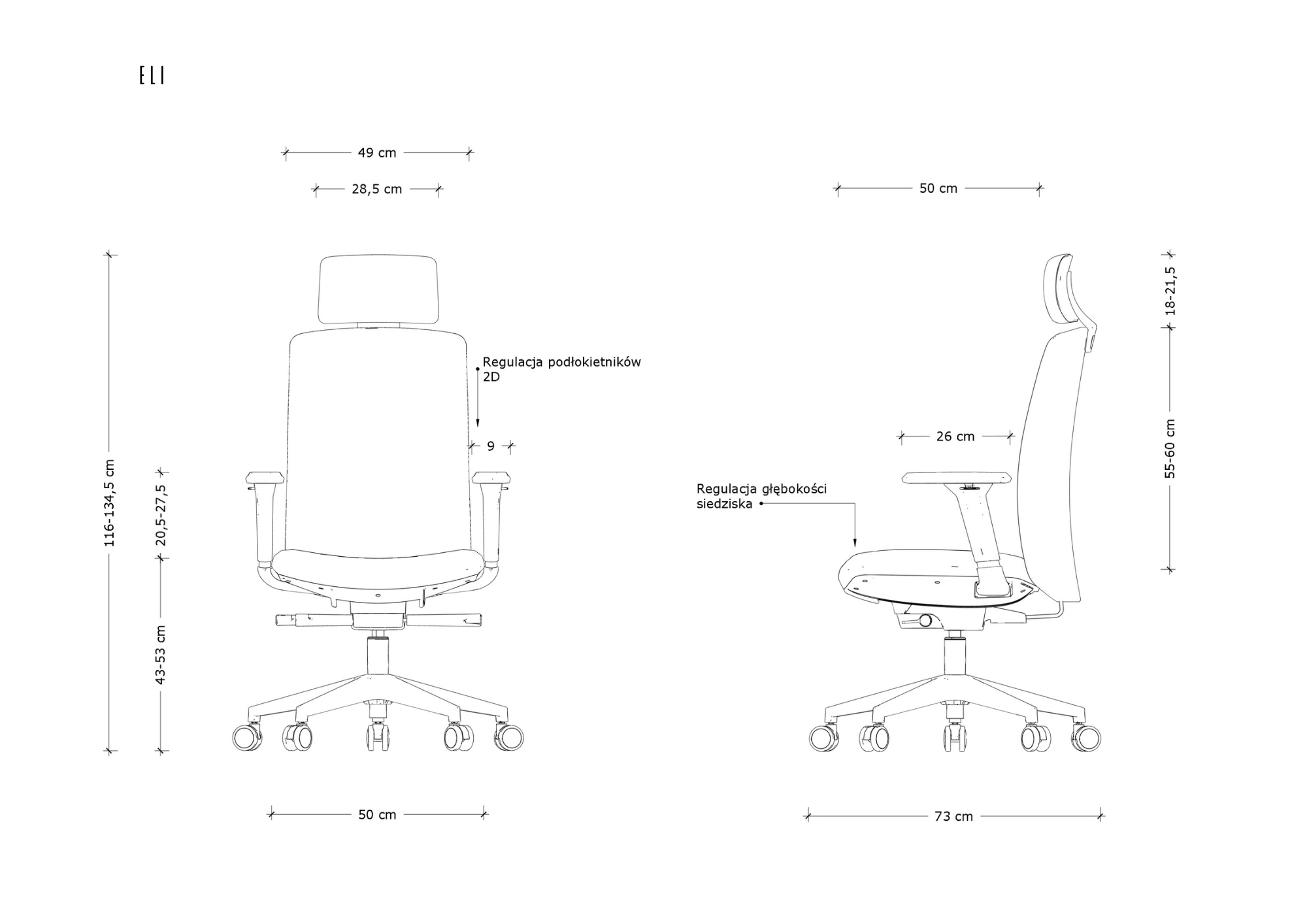 Rysunek techniczny krzesła biurowego z wymiarami. Widok z przodu i z boku.