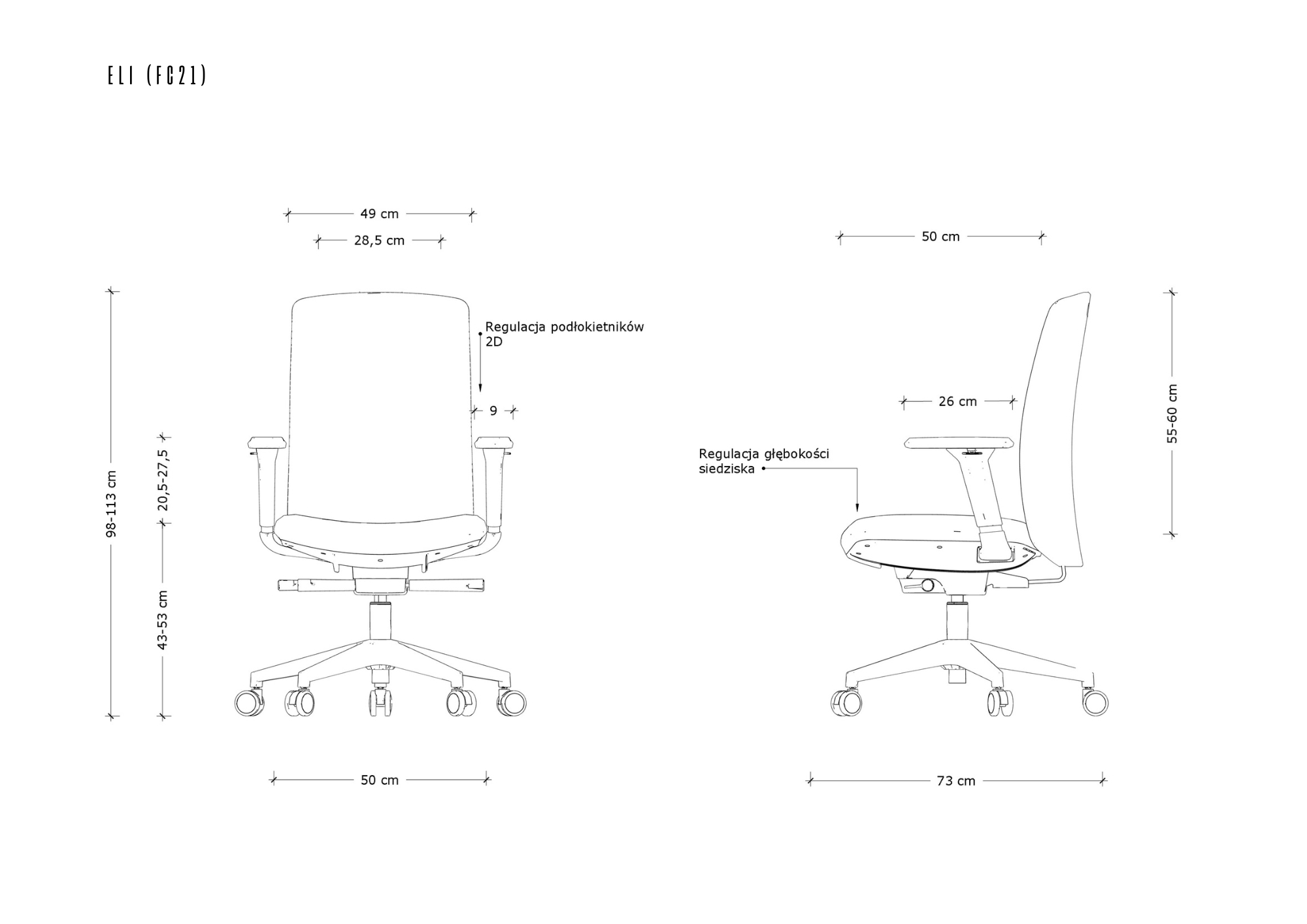 Rysunek techniczny krzesła biurowego z wymiarami i opcjami regulacji.