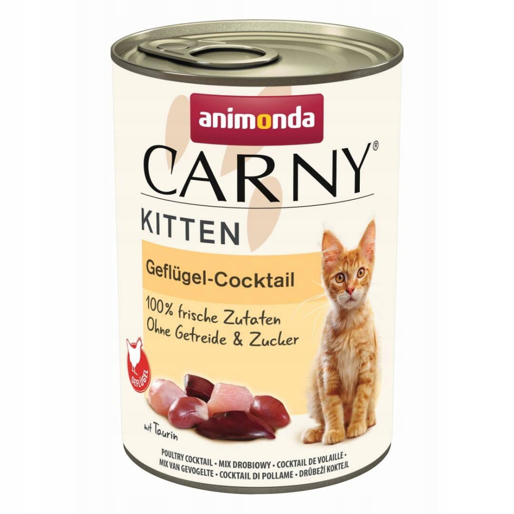 Puszka Animonda Carny Kitten z koktajlem drobiowym, pomarańczowym kociakiem i mięsem.