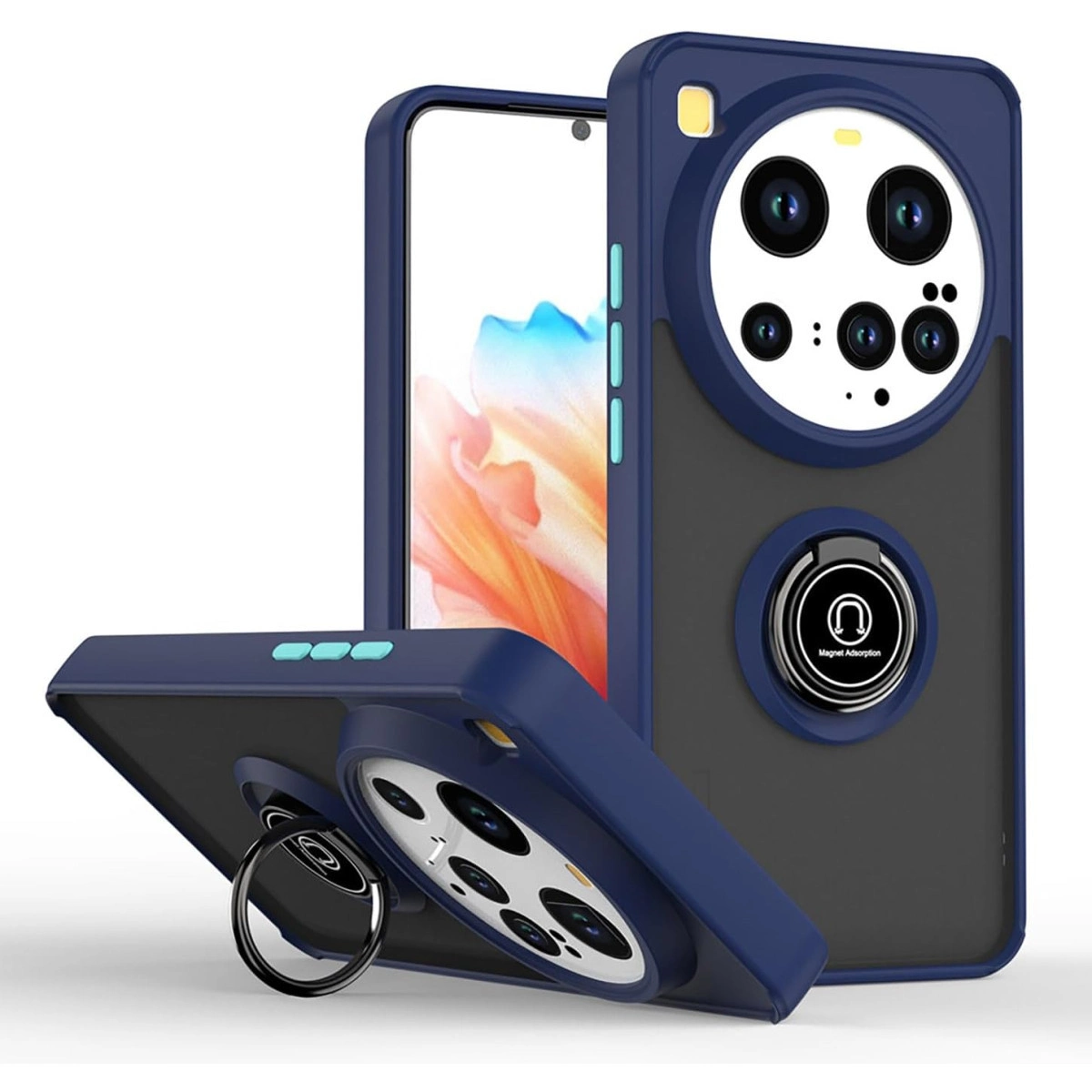 Halka tutuculu ve kamera dizilimli lacivert telefon kılıfı.