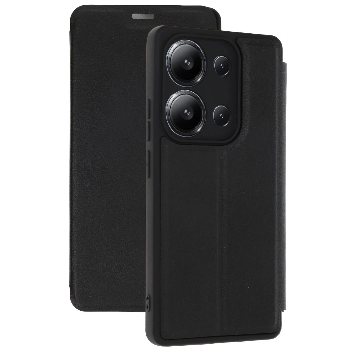 Kapalı kapaklı ve kamera modüllü siyah telefon kılıfı.