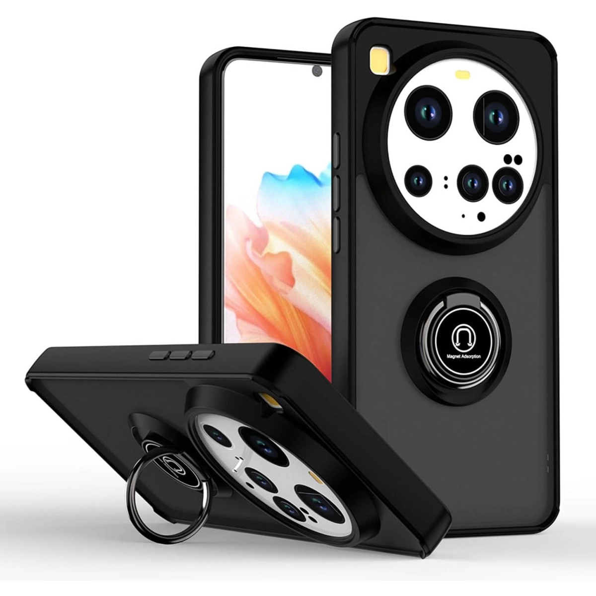 Halka tutuculu ve kamera dizilimli siyah telefon kılıfı.
