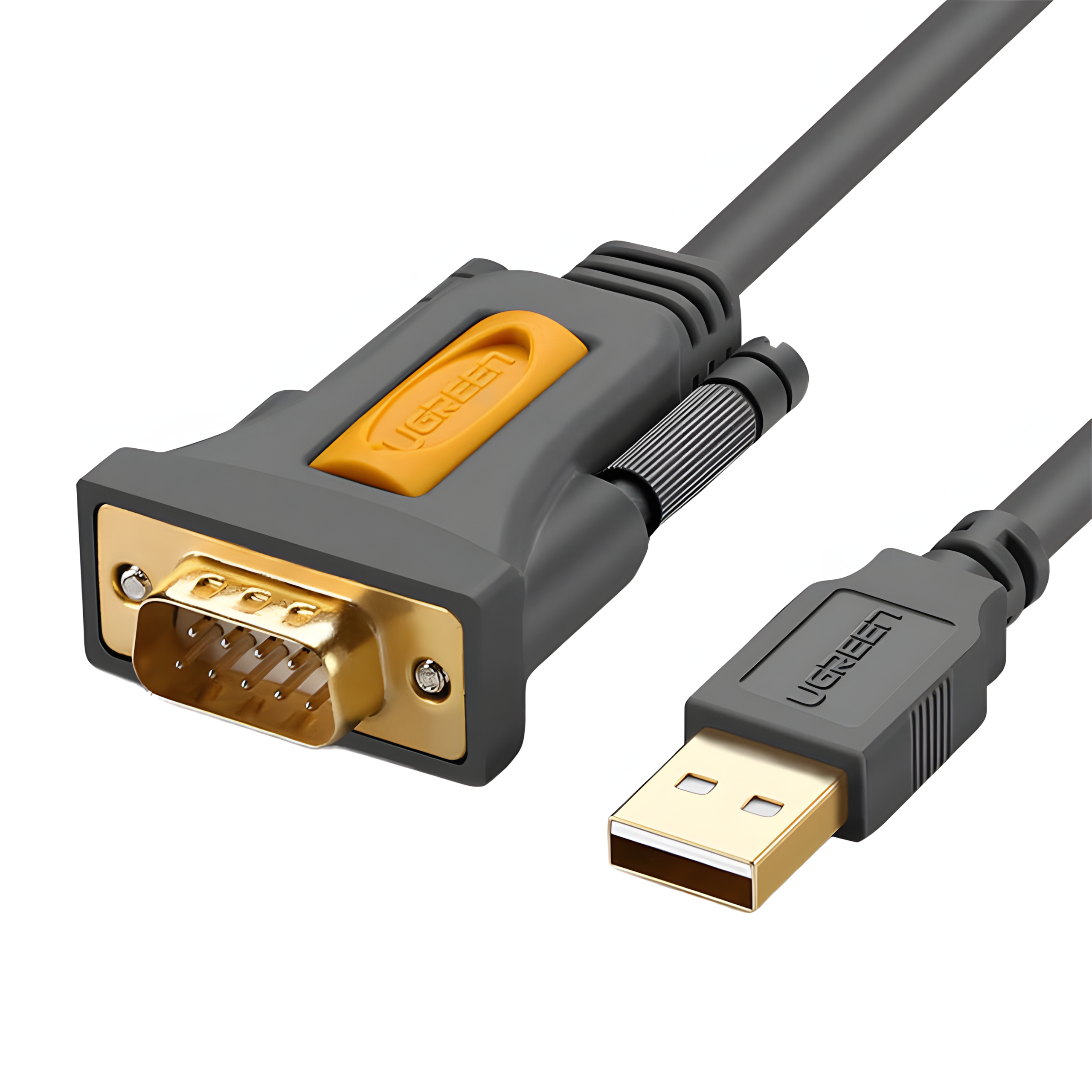 Cavo USB grigio con connettore dorato e connettore a 9 pin con accento giallo.