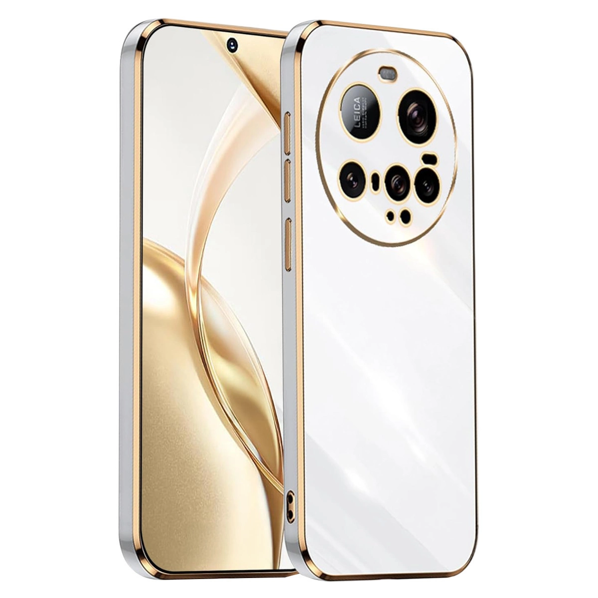 Altın vurgulu beyaz akıllı telefon ve kamera modülü.