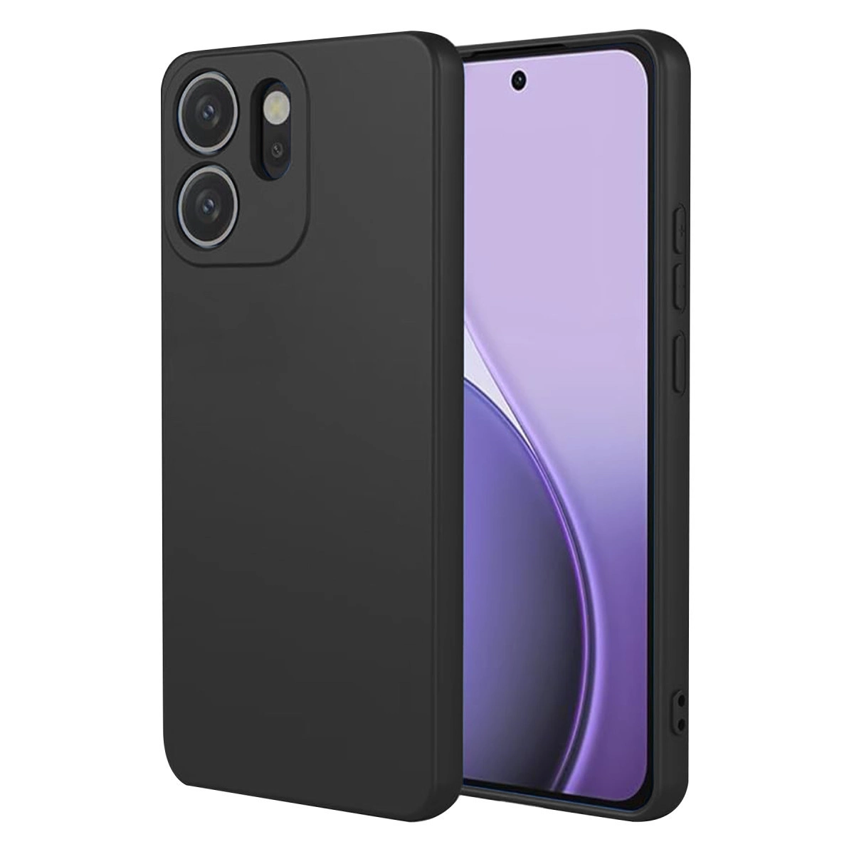 Üç kameralı siyah telefon kılıfı ve mor ekran.