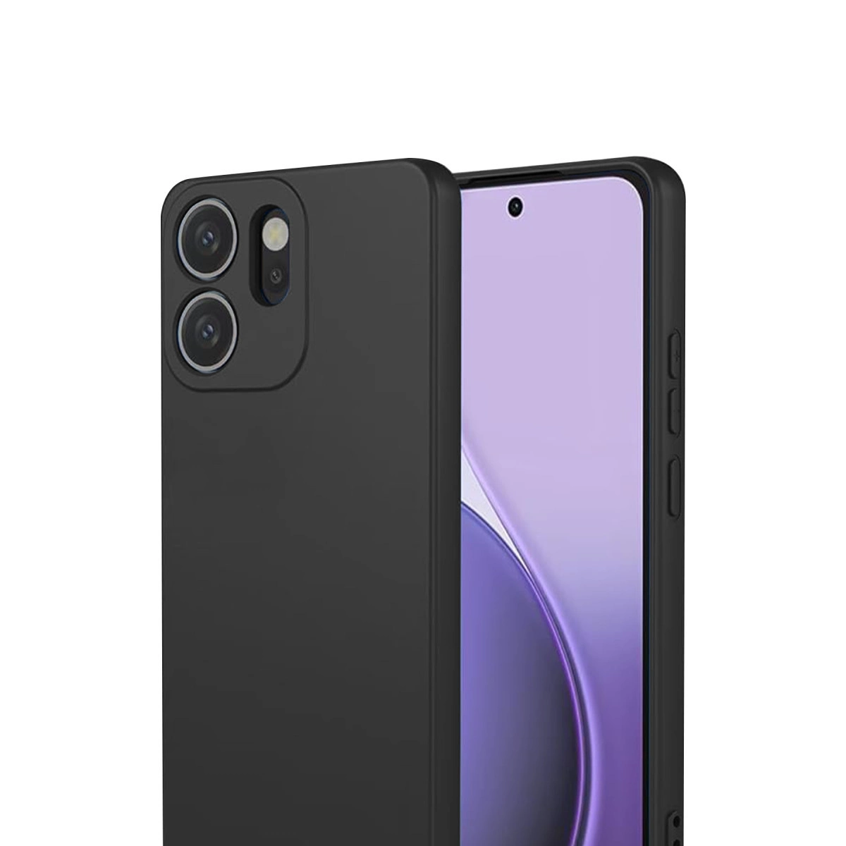 Üç kameralı, mor ekranlı siyah telefon.