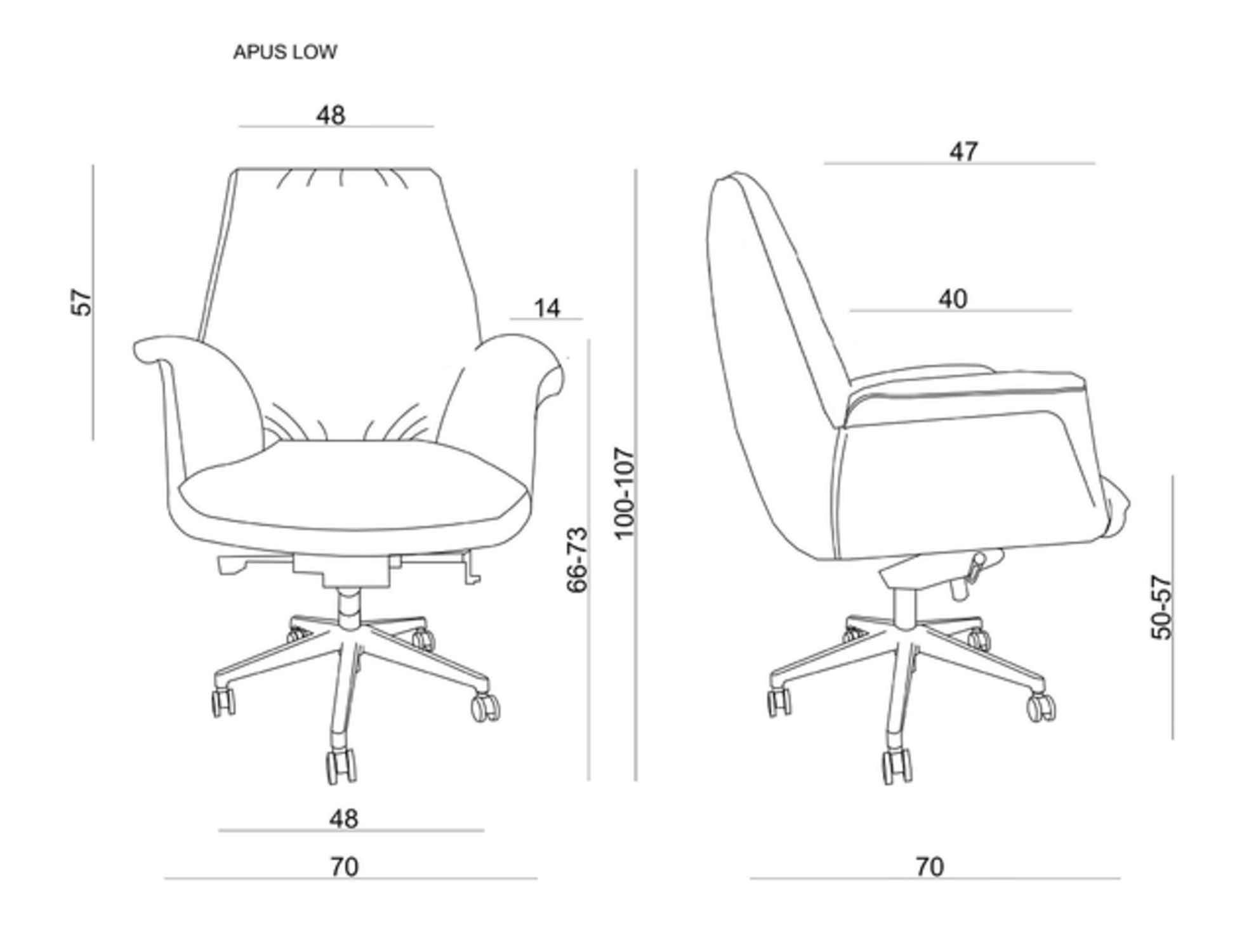 Rysunek techniczny krzesła biurowego z wymiarami.