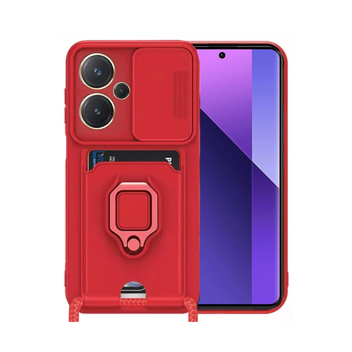 Kamera kapaklı ve kart tutuculu kırmızı telefon kılıfı, telefonun yanında.