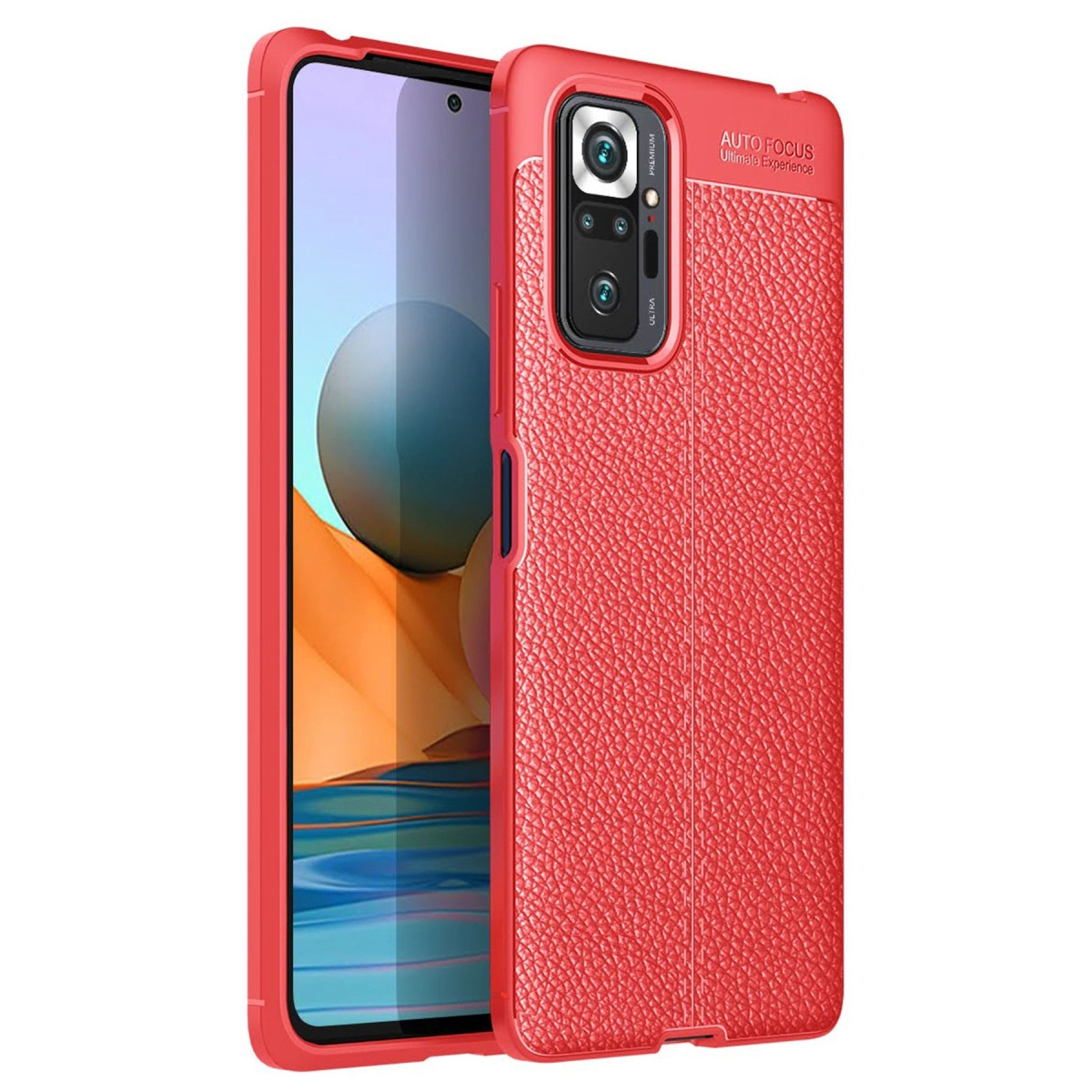 Doku deri görünümlü ve kamera modüllü kırmızı telefon kılıfı.