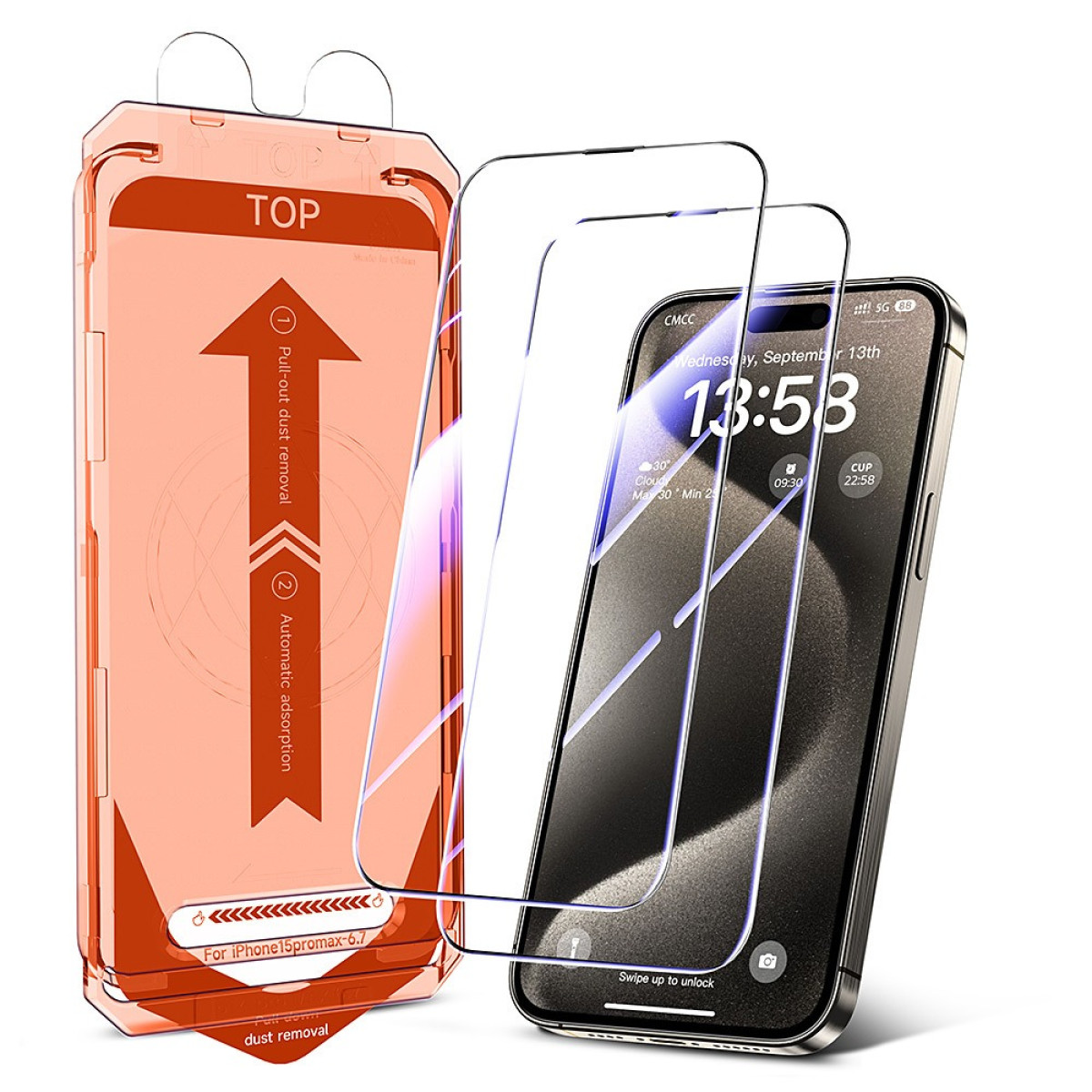 Una cornice di installazione arancione e due proteggi schermo per un iPhone.