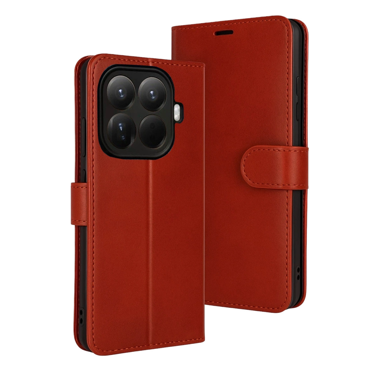 Dört kamera lensli, kırmızı deri kapaklı akıllı telefon kılıfı.