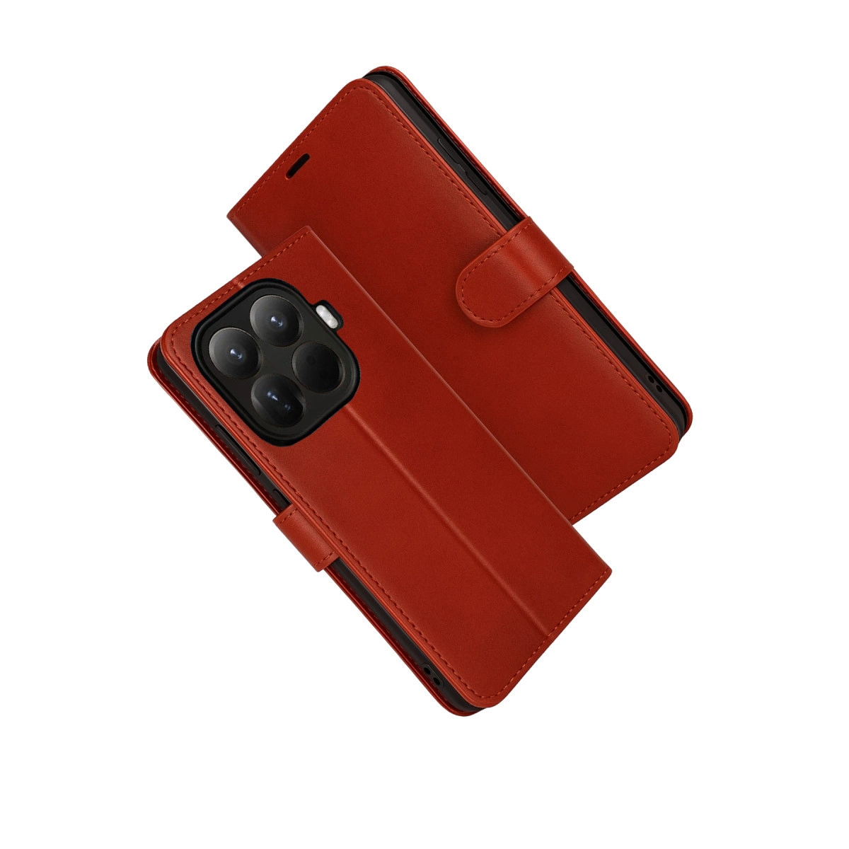 Beyaz arka planda, kamerası için kesiği olan kırmızı deri telefon kılıfı gösteriliyor.